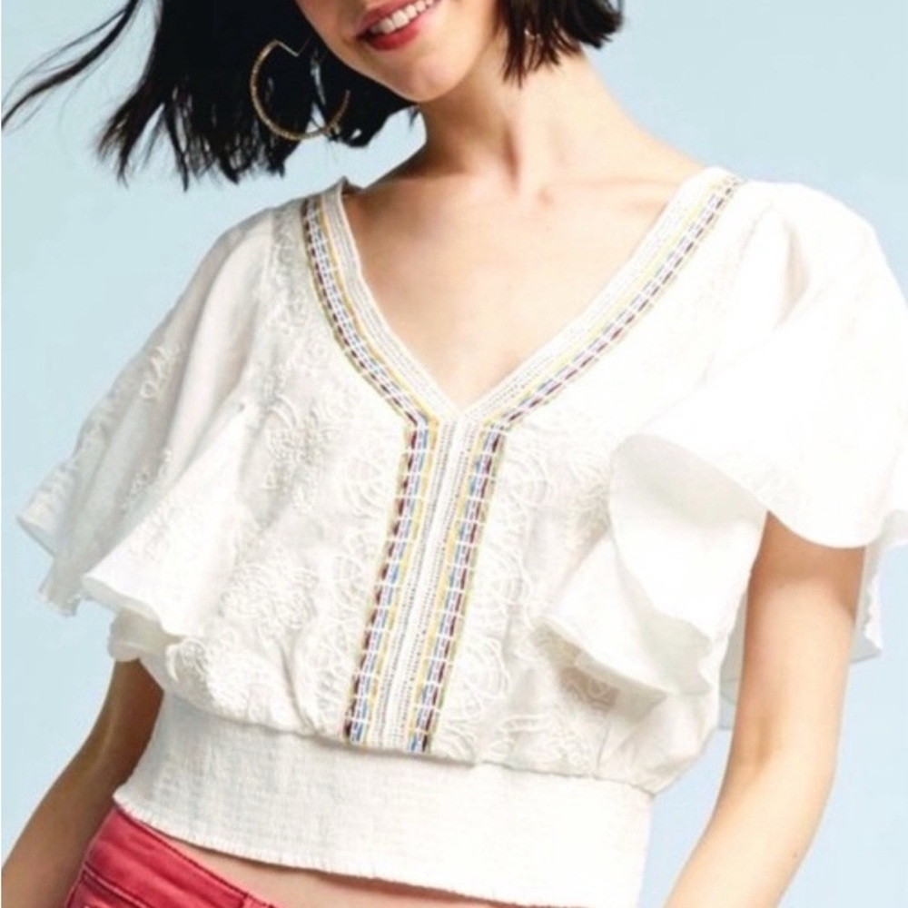 Anthro Flutter Sleeve Embroidered Crop Blouse Sz S